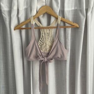 L*Space Crochet-Back Bikini Top in Mauve and Beige